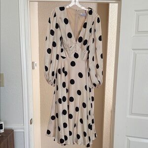 Mac Duggal Beige and Black Polka Dot Long Sleeve Dress